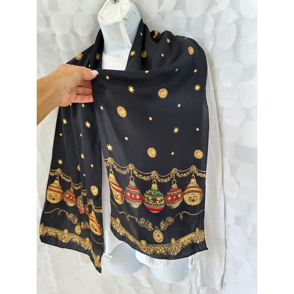 Vintage ECHO 100% Silk Scarf Black Celestial Stars Christmas Ornaments JAPAN - Picture 6 of 6
